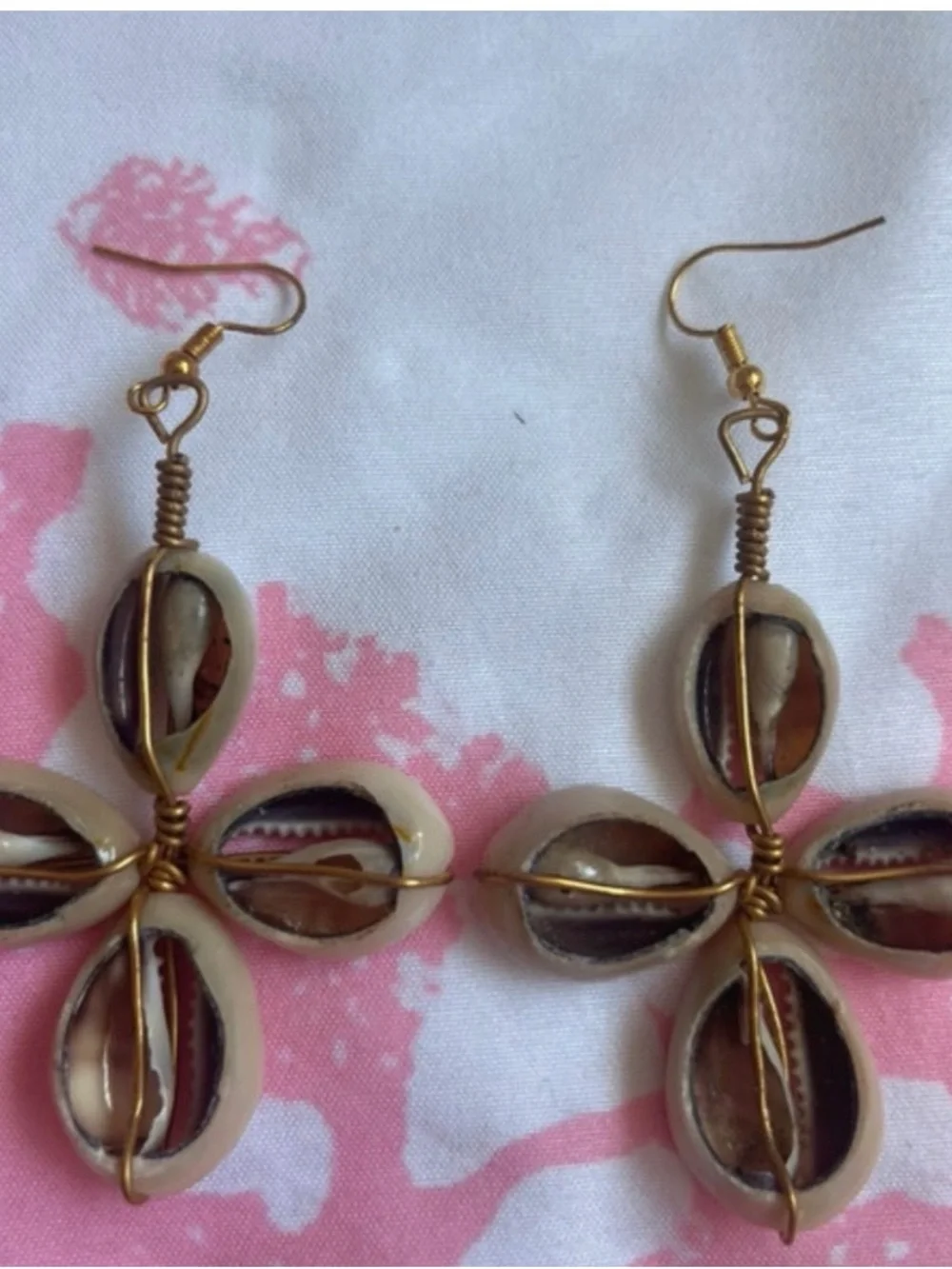 Handmade Beige Cowrie Shell Cross Drop Earrings